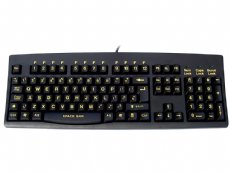 Large yellow print, black keyboard, USB