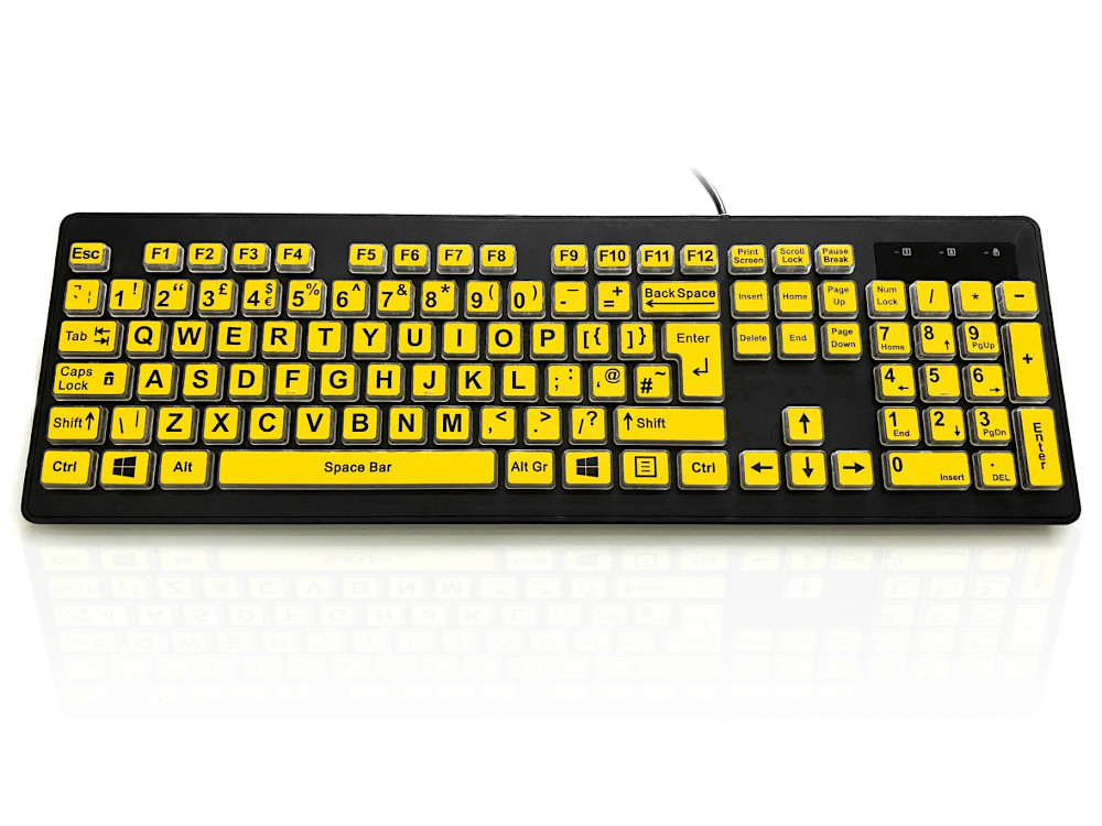 High Visibility Large Legend Keyboard Black on Yellow