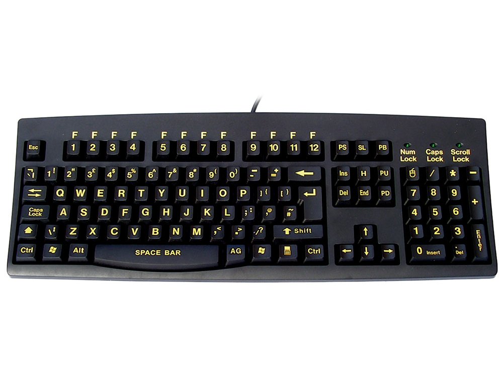 Large yellow print, black keyboard, USB, picture 1