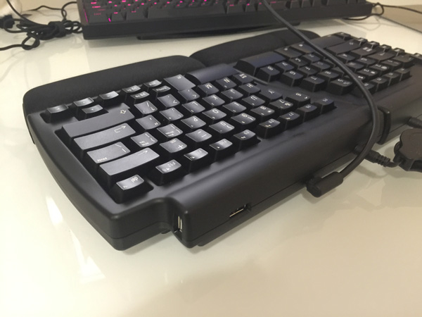 A view of the back of the keyboard, showing two of the three USB ports and the 3.5mm bridge