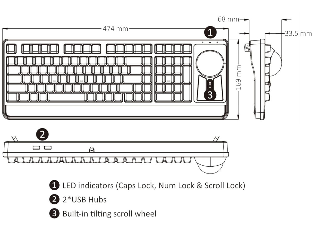 USA rack style RGB hub keyboard with large 55mm trackball scroll