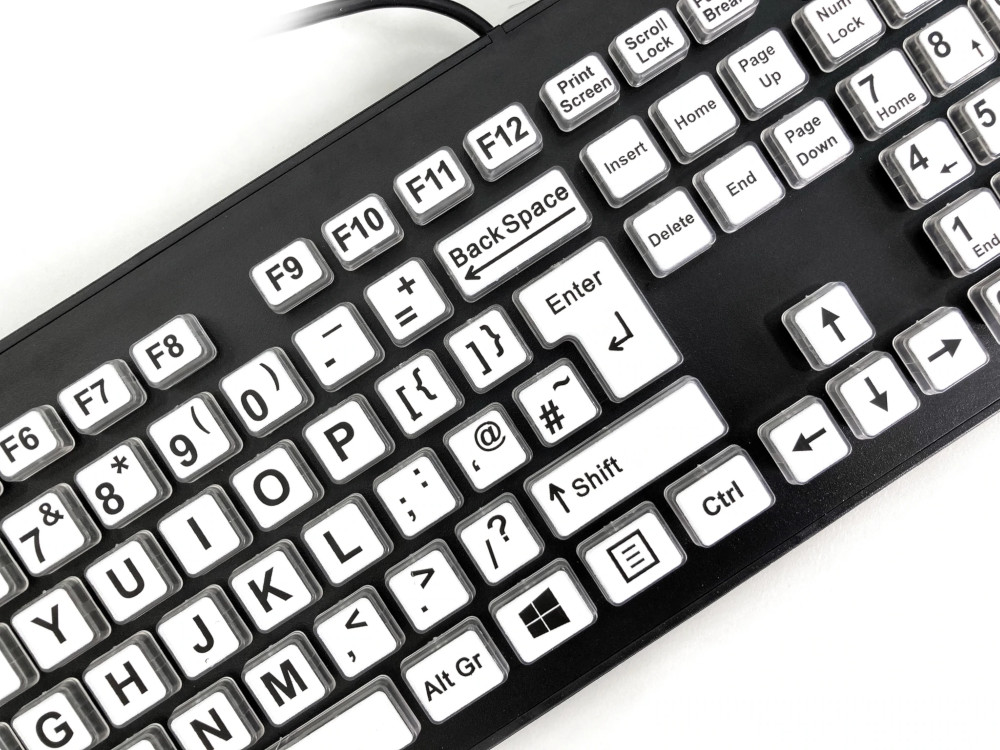 High contrast large legend black on white keyboard