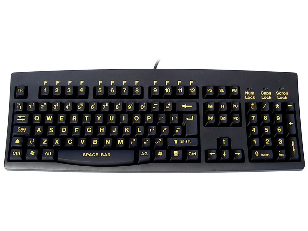 Large yellow print, black keyboard, USB