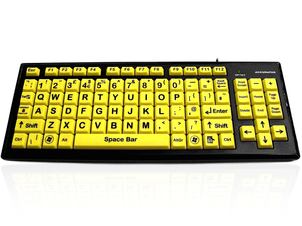Large Key Black on Yellow Keyboard with 2 Port USB Hub